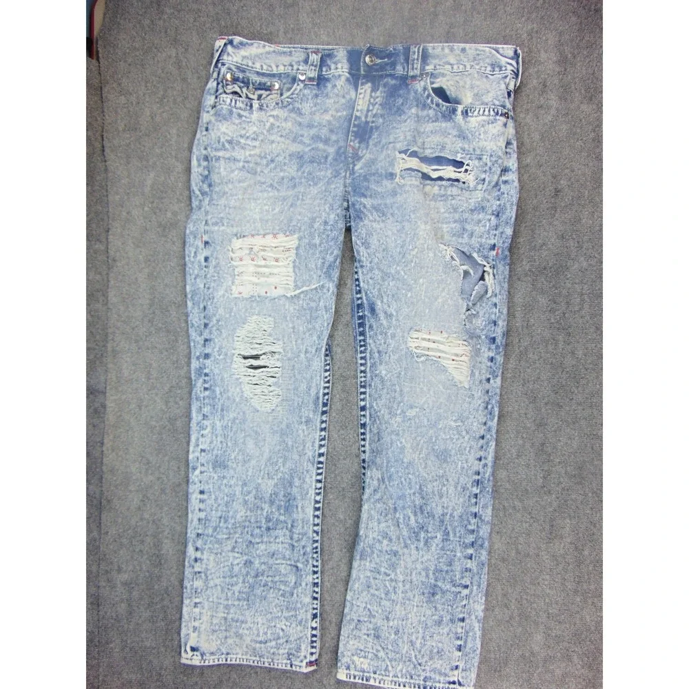 True Religion Jeans Mens 42x32 Blue Acid Wash Distressed Flap Pocket Y2K Grunge